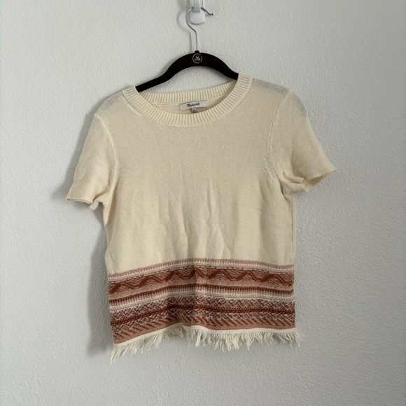 Madewell Women's Size XS Ivory Short Sleeve Fringed Medina Sweater Top - Picture 2 of 6